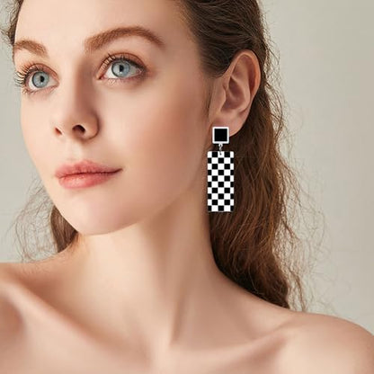 KaFu Checkerboard Earrings for Women 70s 80s Retro Acrylic Black White Striped Checkered Geometric Dangle Earrings Resin Rectangle Earrings Statement Jewelry - color: style-1
