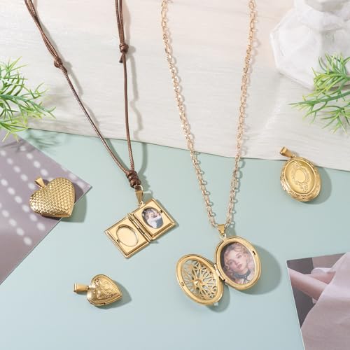 6Pcs 20K Gold Plated Locket Pendants Heart Oval Flat Round Rectangle Photo Frame Charms Golden Locket Charms for Necklaces DIY Memorial Necklace Making - color: Stainless Steel Color, 6 Styles