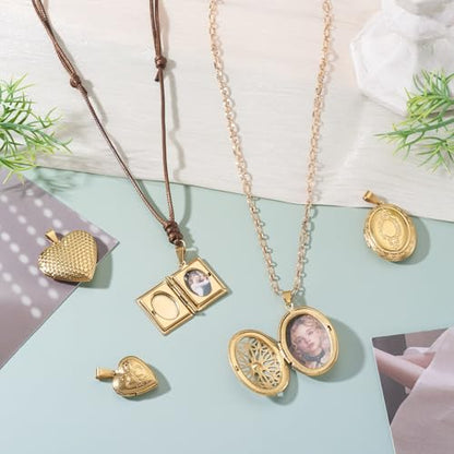 6Pcs 20K Gold Plated Locket Pendants Heart Oval Flat Round Rectangle Photo Frame Charms Golden Locket Charms for Necklaces DIY Memorial Necklace Making - color: Stainless Steel Color, 6 Styles
