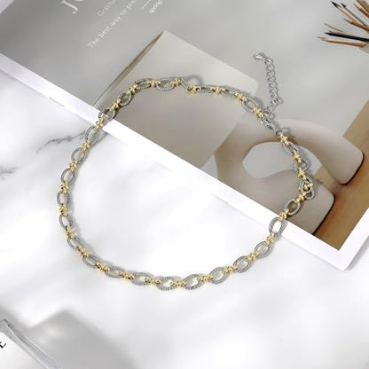 Two Tone Wire Necklace Gold and Silver Link Chain Adjustable 18K Gold Plated Twist Vintage Classic Jewelry - style: Oval - Two tone