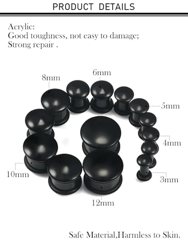 8G-12mm Acrylic Single Flare Gauges for Ears with Silicone O-Ring Opalite/Black/White/Clear Gauges Plugs and Tunnels Stretcher Expander Stretching Kit for Women Men - color: Black 8G-12mm