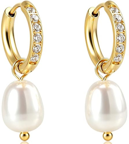 Pearl Earrings VeroSteel Dangle Earrings for Women, Dainty 14k Gold Huggie Hoop Earrings with Pearls, Trendy Pearl Drop Earrings, Stainless Steel Hypoallergenic Stud Earrings For Sensitive Ears - style: Diamond