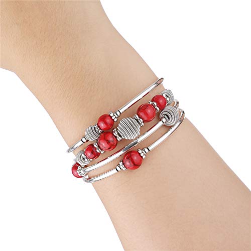 PEARL&CLUB Beaded Chakra Bangle Turquoise Bracelet - Fashion Jewelry Wrap Bracelet with Thick Silver Metal and Mala Beads, Birthday Gifts For Women - color: Red