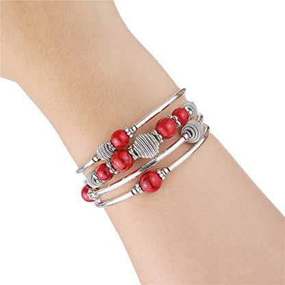 PEARL&CLUB Beaded Chakra Bangle Turquoise Bracelet - Fashion Jewelry Wrap Bracelet with Thick Silver Metal and Mala Beads, Birthday Gifts For Women - color: Red