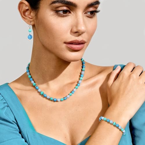 Beaded Necklaces for Women 3Pcs Colorful Boho Gemstone Bead Choker Summer Natural Stone Surfer Beach Bead Necklace Bracelets Earring Set Handmade Jewelry for Women Gift Jewelry Sets - color: Blue