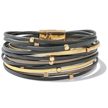 Stackable Beaded Leather Wrap Bracelet Boho Western Country Beach Jewelry | Layered Bead Stack Multi Strand Magnetic Clasp Cuff Bangle Bohemian Hippie Cowgirl Fashion Summer Vacation Outfits for Women - color: Green