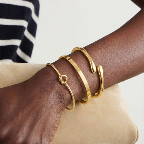 14K Gold Plated Stackable Bangle Bracelets for Women | Dainty Cuff Bracelets, Stackable for Women, Waterproof Bracelet Stack, Gold Jewelry Gifts Trendy Adjustable Accessories - color: 3-layer-D-Gold