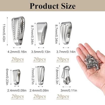 120 Pcs Stainless Steel Pinch Bail Clasps, Pendant Connectors | Stainless steel pinch clip bail connectors in 6 sizes for DIY necklaces, bracelets, pendants, charms, and jewelry making