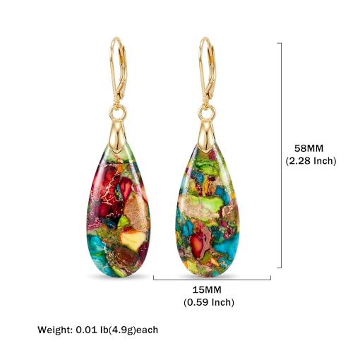 Natural Healing Teardrop Stone Leverback Dangle Drop Earrings Statement Gold earrings - color: Colorful -Gold