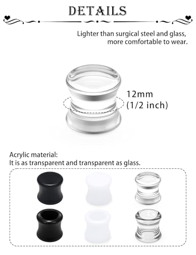 Ears Gauges Tunnels Plugs for Women Acrylic Solid Tunnel Ear Gauge Stretching Kit 6G to 1 1/4 Inch (4MM- 30MM) Expander Stretcher Plug Earrings Piercing Jewelry for Women Black White Clear - style: almost 1/2 inch, Black White Clear