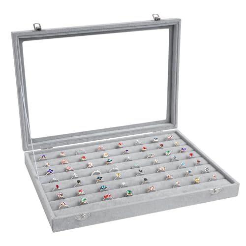 Wudygirl Velvet Ring Organizer Tray with Lid, 13.7x9.4 Inch Gray | 7 Slot Ring Jewelry Organizer for Ring, Perfect for Home Organization, Jewelry Display, Gift Giving, Dustproof Design - color: Gray, size: Ring