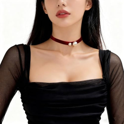 Bow Necklace for Women Dainty Velvet Ribbon Choker Necklaces Red Black Bow Choker Pearl Bell Heart Pendant Necklace Winter Holiday Necklace Cute Bow Knot Necklace for Christmas New Year Gifts - color: Red choker