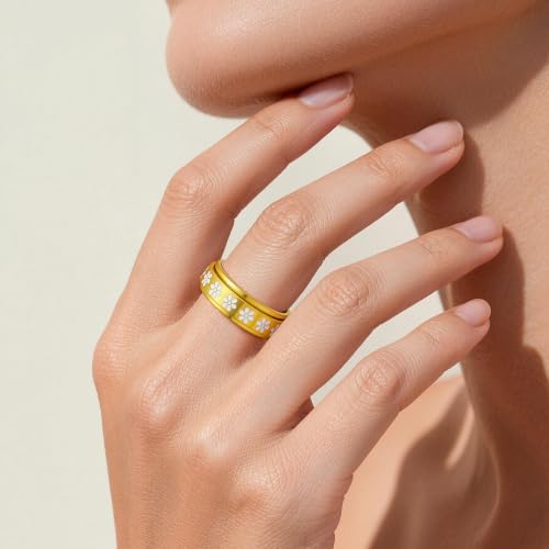 Fidget Anxiety Spinner Rings for Women | 14K Gold Silver Plated, 8mm Thick Stainless Steel Band Ring, Statement Cross Flower Spinning Rings, Jewelry Gifts, Size 6-10 - color: Gold-Flower