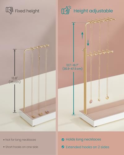 SONGMICS Jewelry Holder, Metal Frame, Velvet Tray, Pale Gold | Jewelry Storage Organizer Stand with Metal Frame, 12.1 to 18.7 Inches Tall Height Adjustable Necklace Holder for Rings - color: Pale Gold
