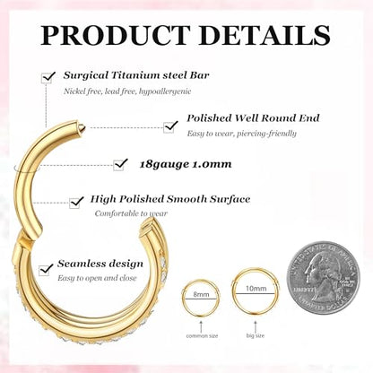 Cartilage Helix Conch Piercing Jewelry Gold Hoop Women Earrings | 2pcs, Huggie, Made of Stainless Steel, 14k Gold Plated, Hypoallergenic, Sparkly Cubic Zircon, Double Hoop design - color: Zircon Gold, size: 18g-10mm