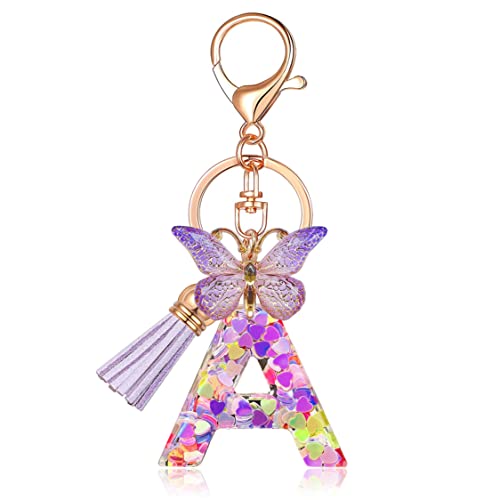 JINGUAZI Butterfly Initial Letter Keychain Bag Charms for Women | Cute pendant accessories for purses, handbags, backpacks, car keys, small gift for her young women, mothers, teachers - color: A-purple