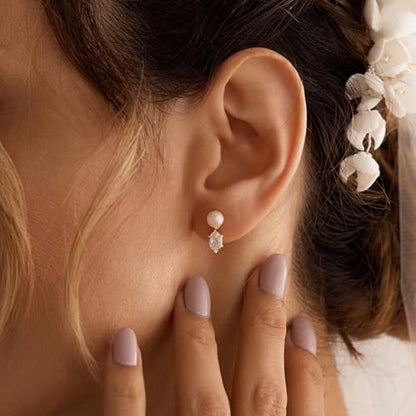 Pearl Earrings for Women:Gold Wedding Dangle Drop Earring Pearl Jewelry | 14K Gold Plated Pearl Drop Earrings for Women,Dainty Wedding Bride Earring Studs,Gold Dangle Drop Earring,Waterproof Jewelry - size: 1 pcs-7