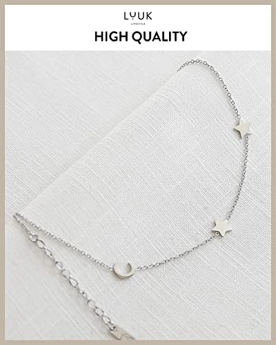 LUUK LIFESTYLE Stainless steel necklace with pendant and HAPPINESS card, 20” adjustable length, lucky charm, friendship chain, Valentine's Day gift, birthday, women's jewelry, silver, gold, rosegold - color: Silver, size: Moon and Stars