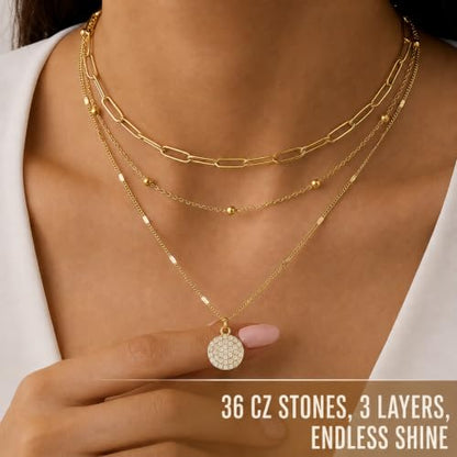 Layered Necklaces for Women, 3 Piece Gold Necklace Set | Paperclip, Satellite & CZ Pendant Chains; 14K Gold Plated Silver Stainless Steel Necklace; Hypoallergenic Non Tarnish Jewelry - color: Gold