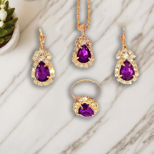 Jewelry Set for Women Love Heart Alloy Artificial Crystal Earrings Pendant Necklace Ring Wedding Party Prom Anniversary Birthday Engagement for Bridal Bridesmaid Girlfriend - color: purple water drop