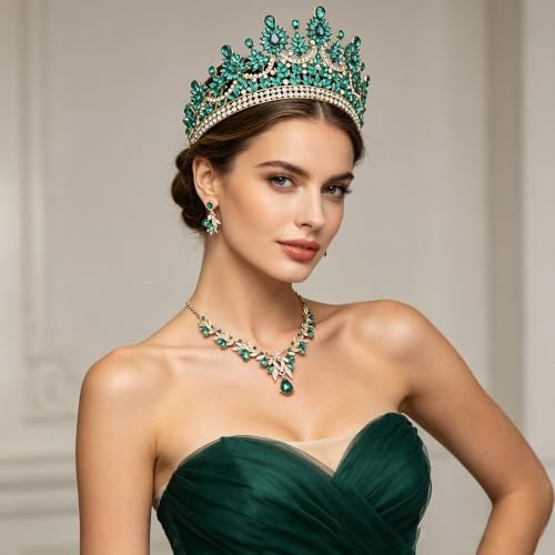 Crowns and Tiaras Jewelry Set for Women.Wedding (Gold Green) | Wedding Crown, Necklace Earrings, Princess Queen Birthday Party, Pageant Bridal, Costume Accessories - color: Gold Green
