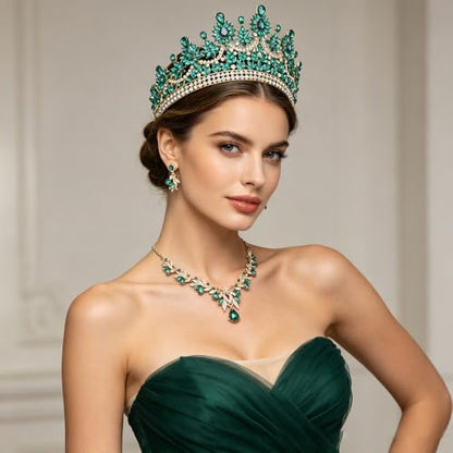 Crowns and Tiaras Jewelry Set for Women.Wedding (Gold Green) | Wedding Crown, Necklace Earrings, Princess Queen Birthday Party, Pageant Bridal, Costume Accessories - color: Gold Green
