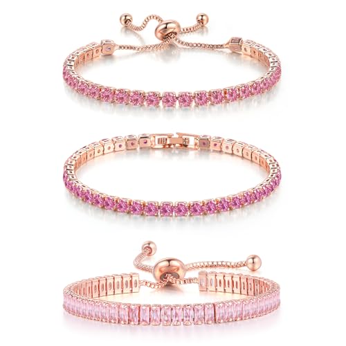 4 Pcs Tennis Bracelet Set Silver Plated Marquise Cubic Zirconia CZ Diamond Dainty Adjustable Silver Bracelets for Women Brides Stackable Fashion Jewelry Wedding Prom Gift - color: Pink-3PCS Tennis Bracelet Set