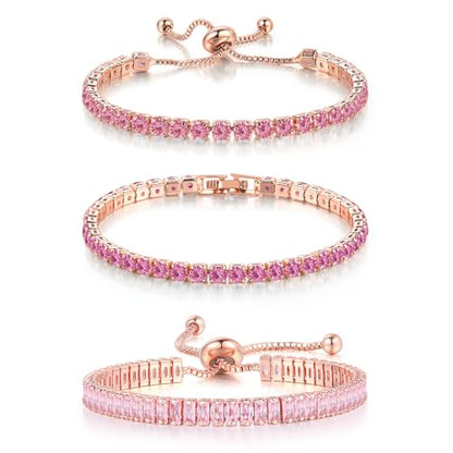 4 Pcs Tennis Bracelet Set Silver Plated Marquise Cubic Zirconia CZ Diamond Dainty Adjustable Silver Bracelets for Women Brides Stackable Fashion Jewelry Wedding Prom Gift - color: Pink-3PCS Tennis Bracelet Set