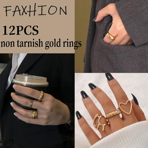 FAXHION 12PCS Gold Stackable Rings Set for Women, 18K Gold Plated Open Stacking Knuckle Ring, Adjustable Chunky Signet Band Statement Ring for Gift - color: 1-Gold-12pcs