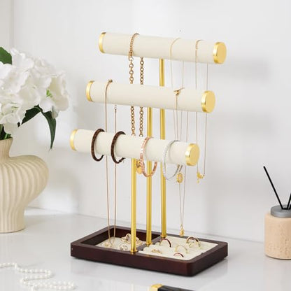 modern T-shaped jewelry rack, jewelry tower, gold metal, square ceramic base decoration display tower, necklace, bracelet, ring storage rack (3-layer beige velvet) - style: 3-layer beige velvet