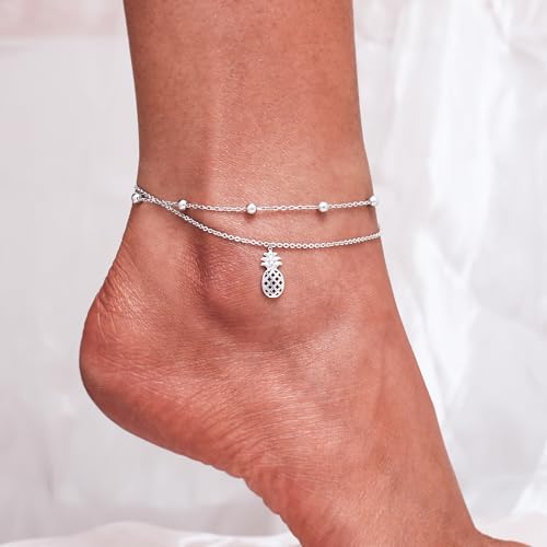 CHIC & ARTSY 925 Sterling Silver Ankle Bracelets for Women, Adjustable Layered Foot Chains with Nature & Symbol Charms, Lightweight Comfort Fit Boho Beach Everyday Jewelry - color: Pineapple/silver