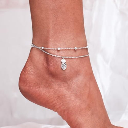 CHIC & ARTSY 925 Sterling Silver Ankle Bracelets for Women, Adjustable Layered Foot Chains with Nature & Symbol Charms, Lightweight Comfort Fit Boho Beach Everyday Jewelry - color: Pineapple/silver
