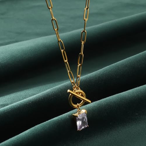 Diamond Necklaces for Women Natural Stone Paperclip Toggle Necklace 14K Gold Plated Emerald Birthstone Necklace for Women Paper Clip Chain Blue Green Cubic Zirconia Pendant Birthday Gifts for Women Mother Jewelry - color: 06. June(Alexandrite)