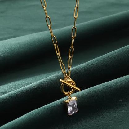Diamond Necklaces for Women Natural Stone Paperclip Toggle Necklace 14K Gold Plated Emerald Birthstone Necklace for Women Paper Clip Chain Blue Green Cubic Zirconia Pendant Birthday Gifts for Women Mother Jewelry - color: 06. June(Alexandrite)