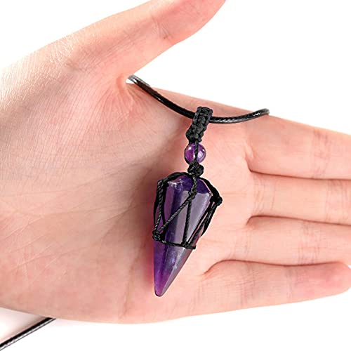 Top Plaza Mens Necklace, Crystal Gemstone Protection Pendant Necklace | Healing Crystals Necklace for Men Adjustable 6 Facet Pointed Necklace Energy Natural Quartz Protect Jewelry Gifts - color: Black Rope - Amethyst+Black Obsidian