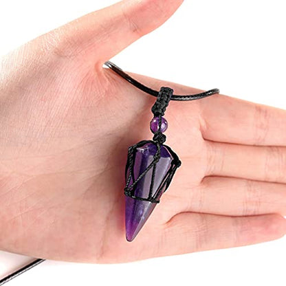 Top Plaza Mens Necklace, Crystal Gemstone Protection Pendant Necklace | Healing Crystals Necklace for Men Adjustable 6 Facet Pointed Necklace Energy Natural Quartz Protect Jewelry Gifts - color: Black Rope - Amethyst+Black Obsidian
