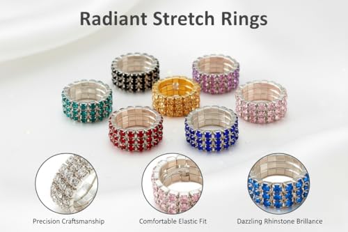 Sparkling Rhinestone Ring Set Trendy Elastic Rhinestone Crystal Stretch Ring Stackable Jewelry for Women Girls - color: 10 Colors in One