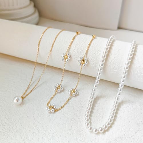 Zeffy Gold Pearl Necklace for Women, Dainty 14K Gold/Silve Plated Layered Pearl Choker Pearl Earrings Pearl Bracelets Wedding Trendy Gold Jewelry Set for Women Gifts - style: Gold Daisy Pearl Necklace-3PCS