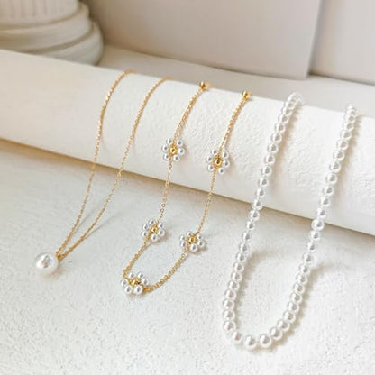 Zeffy Gold Pearl Necklace for Women, Dainty 14K Gold/Silve Plated Layered Pearl Choker Pearl Earrings Pearl Bracelets Wedding Trendy Gold Jewelry Set for Women Gifts - style: Gold Daisy Pearl Necklace-3PCS
