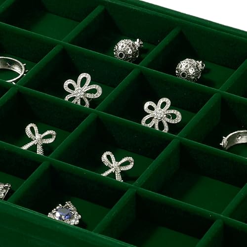24-Grid Velvet Jewelry Tray for Ring & Earring Storage Green | 24 Compartments, Large Capacity, For Home & Commercial Use, Stackable - size: 24 Grid