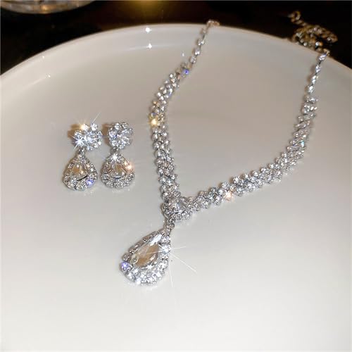 Wedding Jewelry Sets for Brides Rhinestone Necklace and Earring Set Bracelet Ring Gold Silver Prom Jewelry Sets Diamond Flower Teardrop Necklace for Women - color: Style4-Teardrop-2pcs
