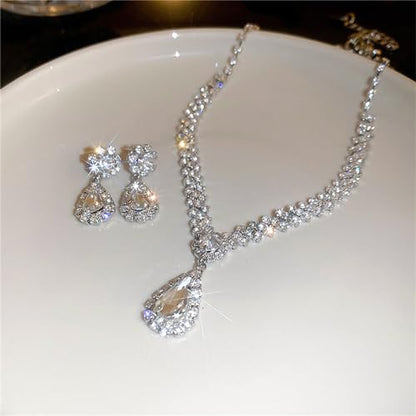 Wedding Jewelry Sets for Brides Rhinestone Necklace and Earring Set Bracelet Ring Gold Silver Prom Jewelry Sets Diamond Flower Teardrop Necklace for Women - color: Style4-Teardrop-2pcs