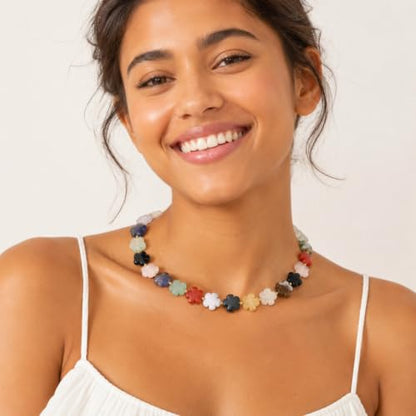 COAI Chunky Colorful Necklace for Women, Summer Beach Jewelry Crystal Flower Necklace for Women, Multi-Gemstones Sodalite Red Jasper Chunky Choker - style: Colorful Beaded Necklace