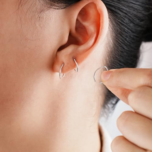 CHIC & ARTSY 925 Sterling Silver Open Hoop Earrings Small Hoop Earrings for Women Half Hoop Cartilage Piercing Adjustable Huggie Earrings - color: C:Silver 3 Pairs (6mm/8mm/10mm)