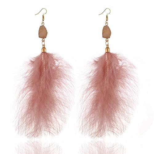 Long Natural Feather Tassel Drop Dangle Earrings Pheasant Feathers Peacock for Women Bohemian Handmade Lightweight Jewelry - color: Pink