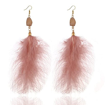 Long Natural Feather Tassel Drop Dangle Earrings Pheasant Feathers Peacock for Women Bohemian Handmade Lightweight Jewelry - color: Pink