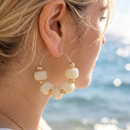 Colorful Beaded Earrings for Women Beaded Hoop Earrings | Chunky Acrylic Resin Boho Statement Drop Earrings Trendy Summer Beach Jewelry Accessories Gifts - color: White