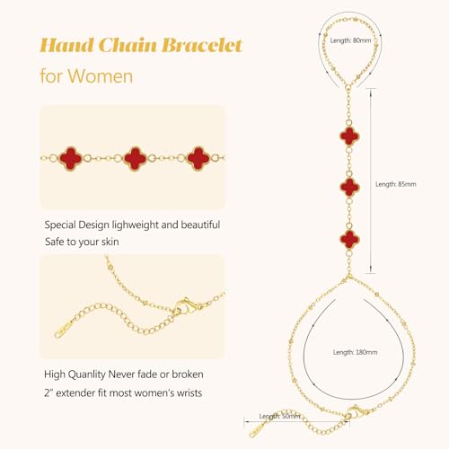 Hand Chain Bracelets for Women 14K Gold Plated Dainty Link Bracelet Bracelets Trendy Ring Bracelet Birthday Jewelry Gifts for Women - style: Red Clover
