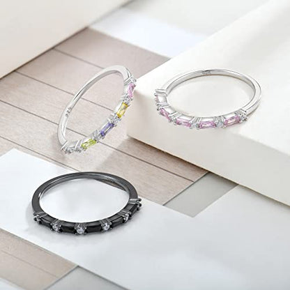JO WISDOM 925 Sterling Silver Wedding Band for Women Thin Stacking Ring Half Cubic Zirconia Eternity Engagement Ring - color: 10-Oct-Tourmaline