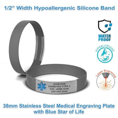 Engraved Medical Alert Bracelet - Medium Gunmetal Gray - color: Gunmetal Gray, size: 7 3/8" (medium)